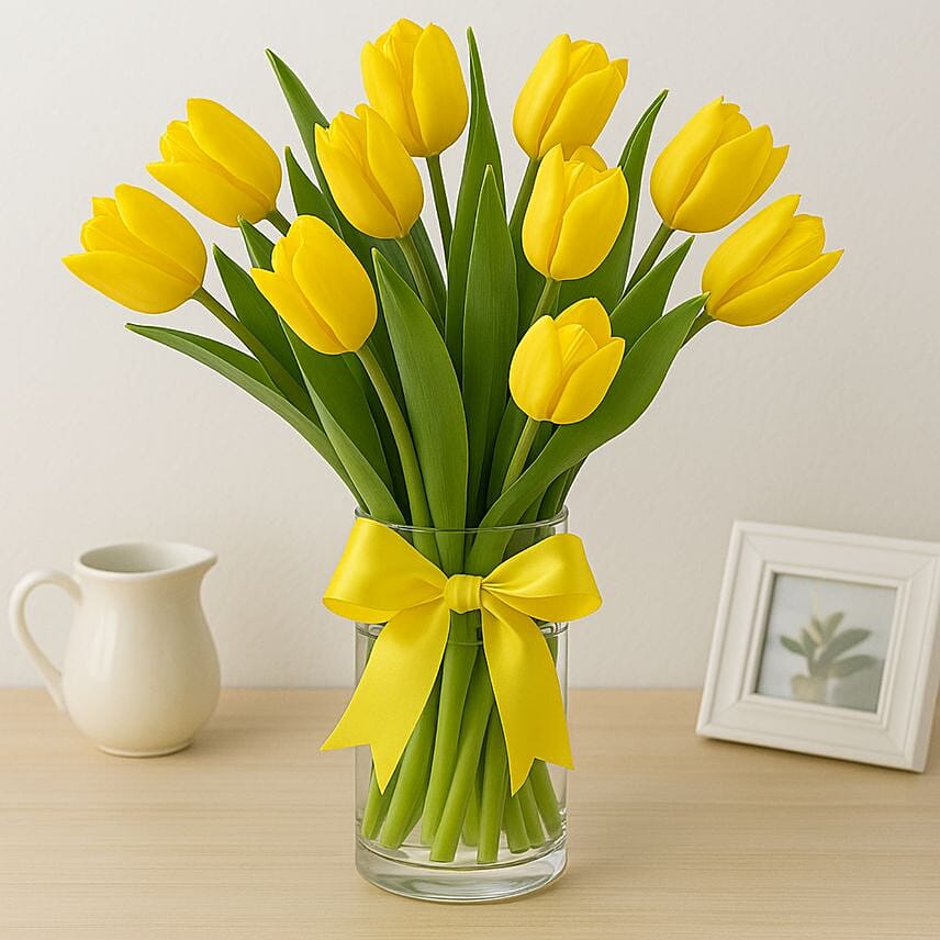 Serene Yellow Tulips Glass Vase