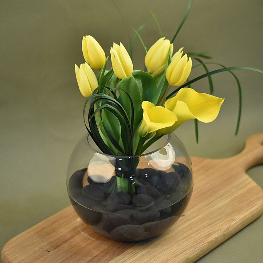 Bright Tulips & Lilies Fish Bowl Vase