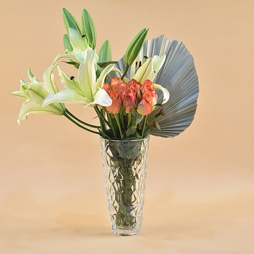 Lilies & Roses Designer Glass Vase