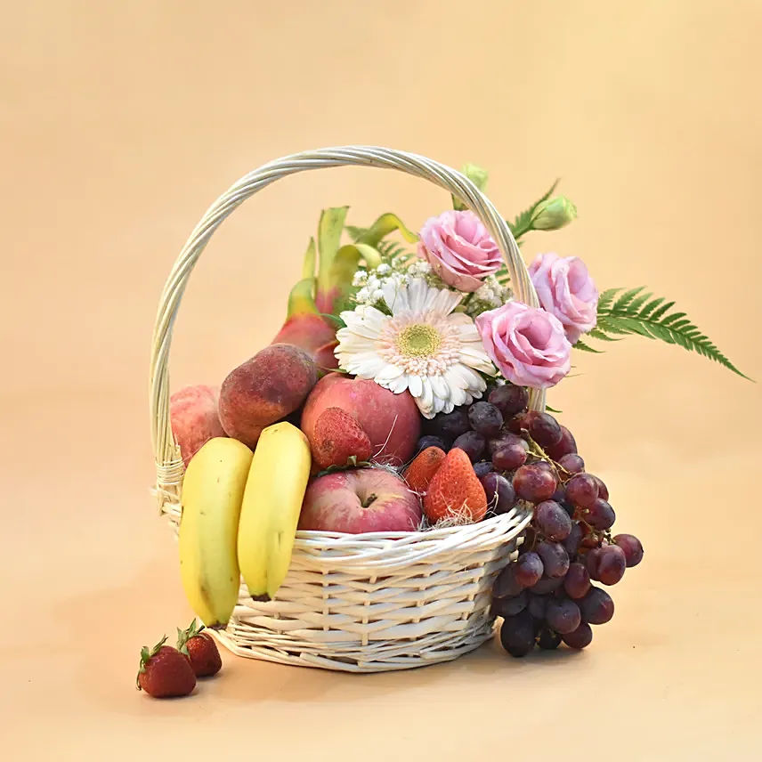 Mixed Flowers & Assorted Fruits Round Basket