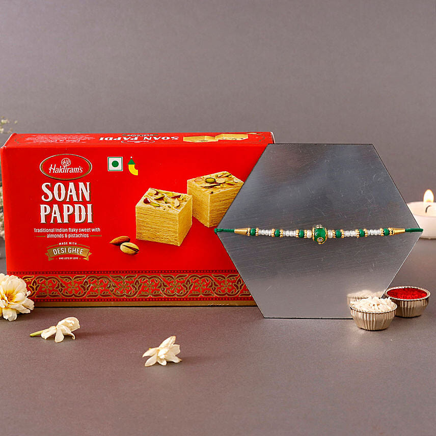 Sneh Fancy Green Rakhi & Soan Papdi