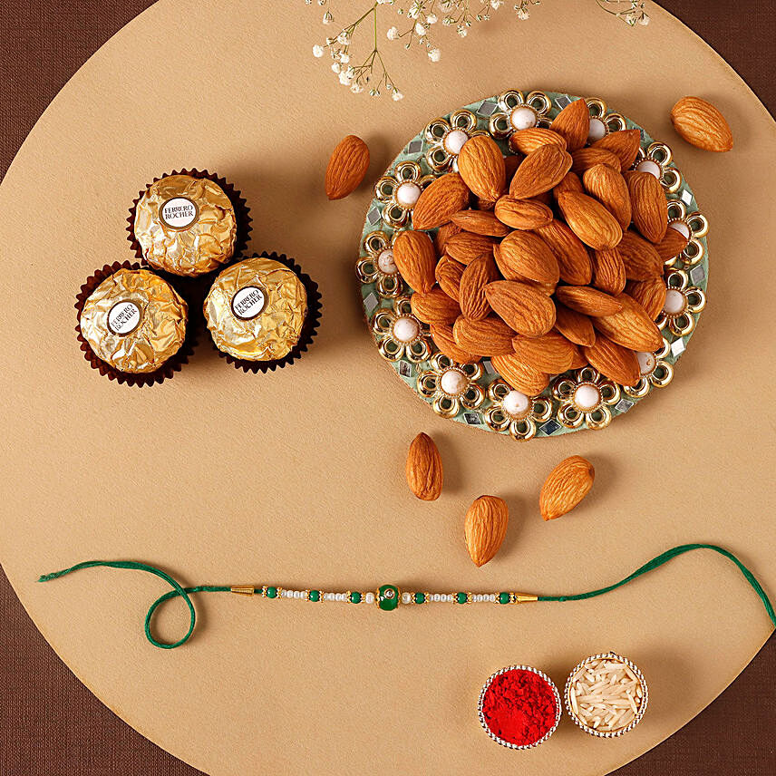 Sneh Green Rakhi With Almonds & Ferrero Rocher