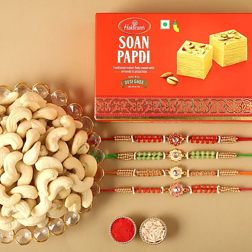 Sneh Meenakari Rakhis With Soan Papdi & Cashews