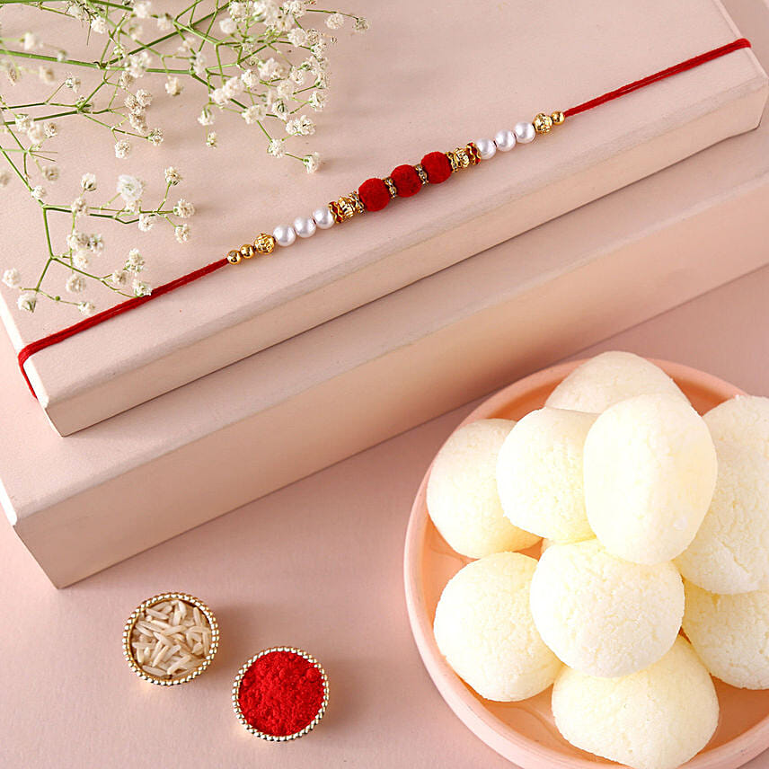 Sneh Red White Pearl Rakhi & Rasgullas