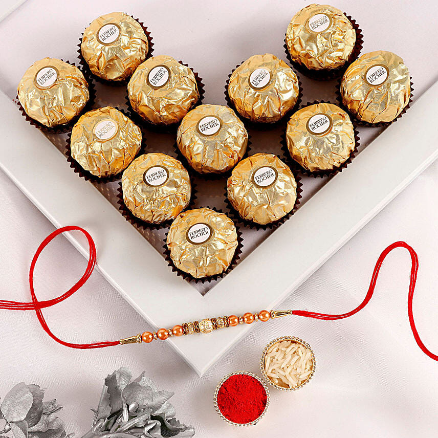 Sneh Rose Gold Rakhi & Ferrero Rocher Box