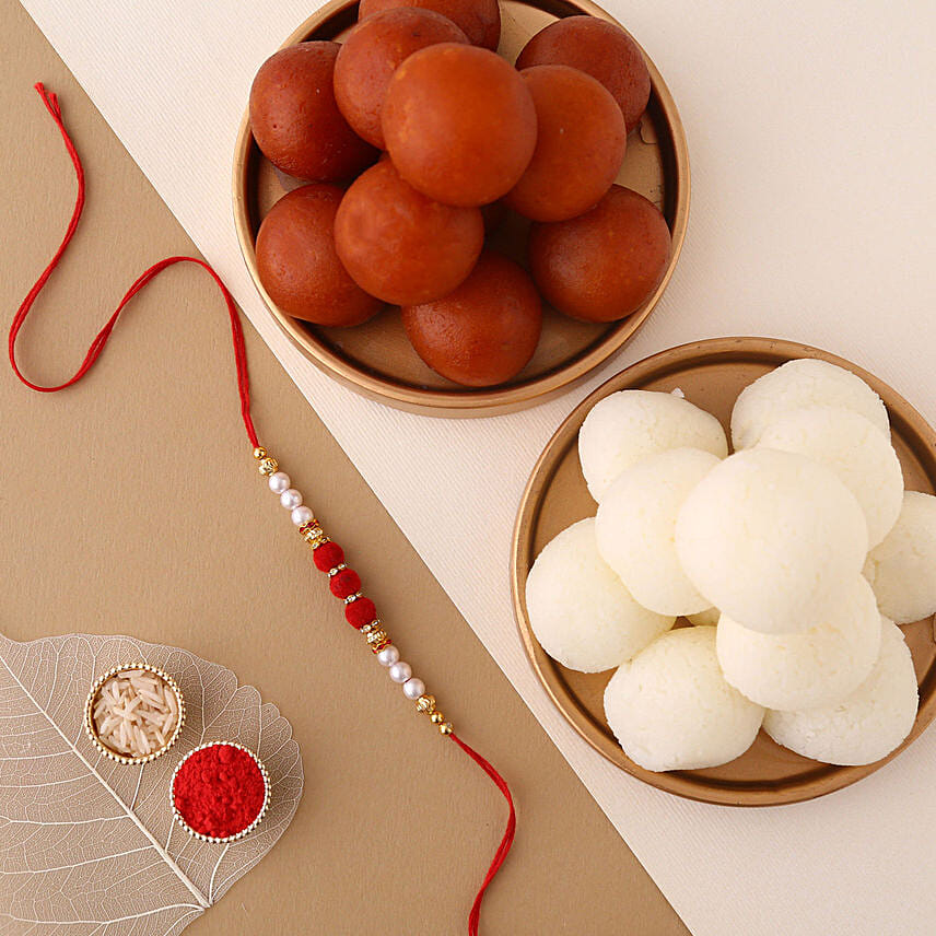 Sneh White Pearls Rakhi & Sweets Tin