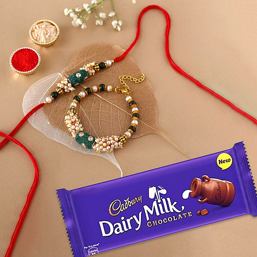 Sneh Pearl Bhaiya Bhabhi Rakhi Set with Dairy Milk