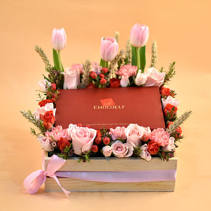 Exotic Flowers & Chocolates Wooden Crate