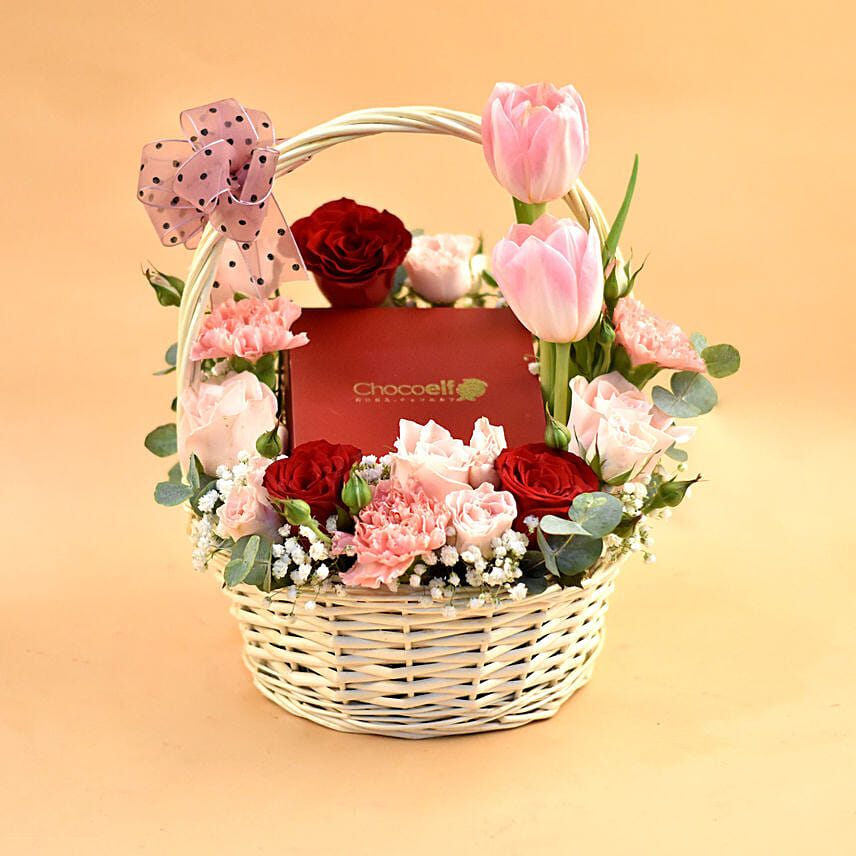 Mixed Flowers & Chocolates Willow Basket