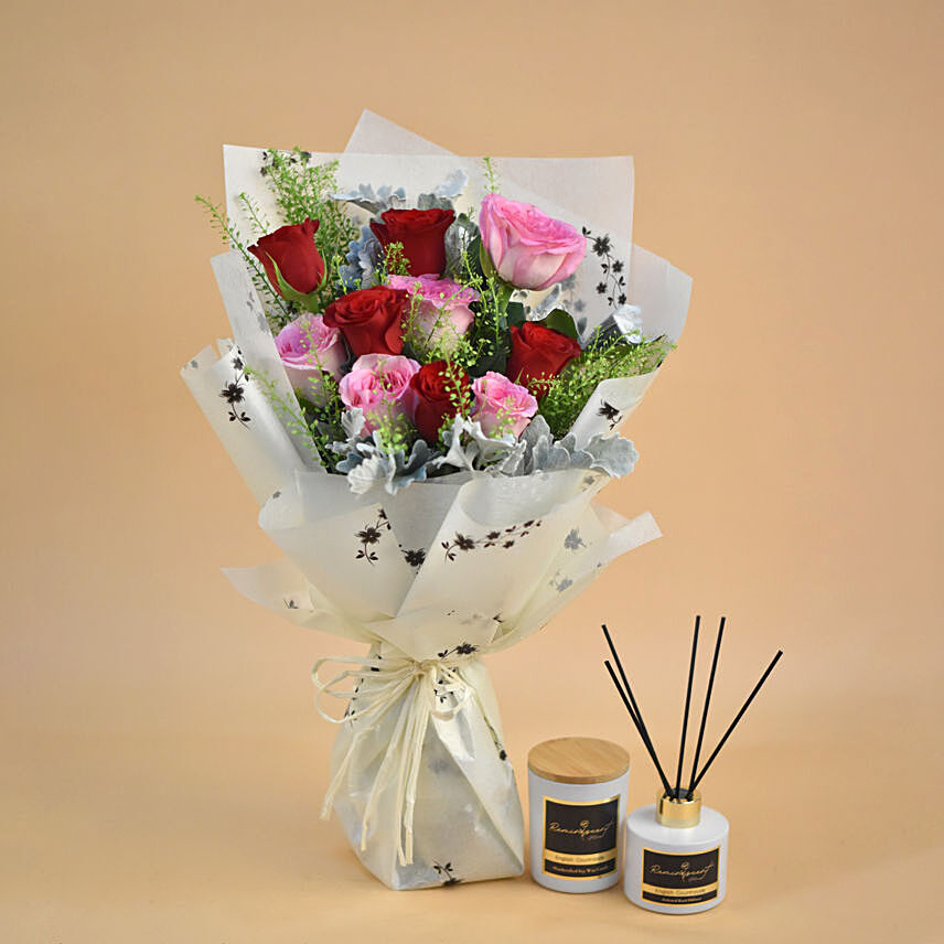 Rosy Dream Flower Bouquet With Candle & Diffuser
