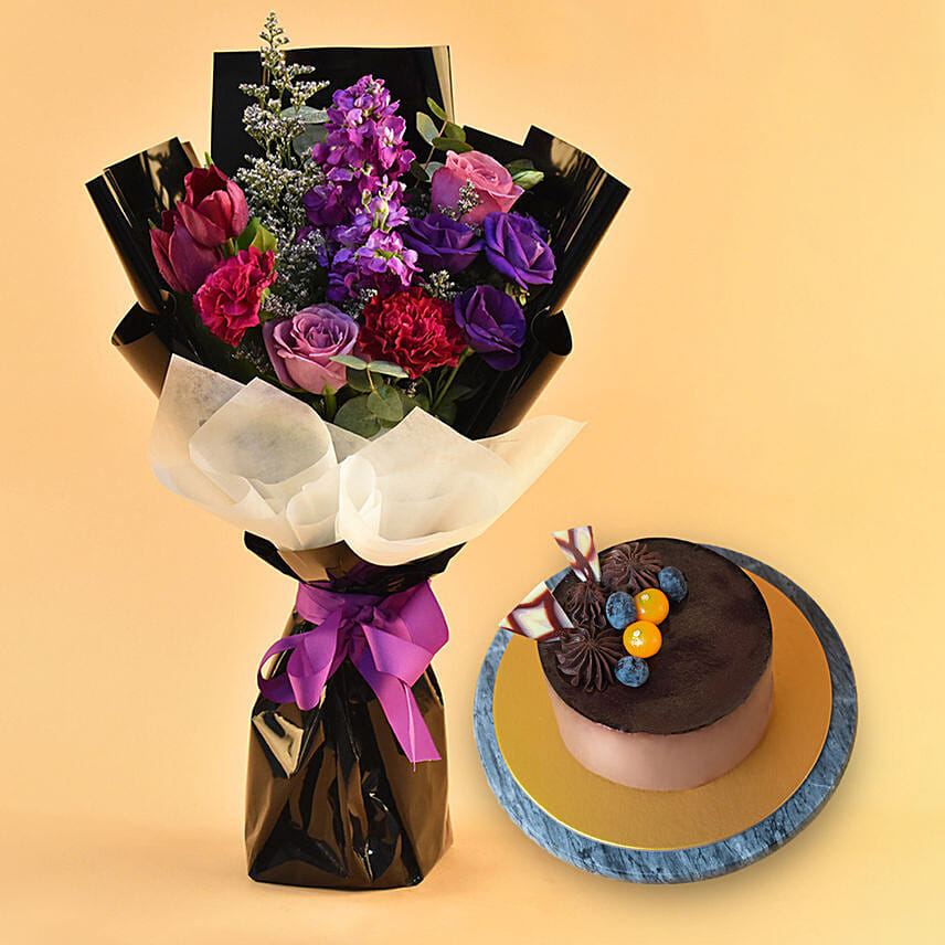 Alluring Mixed Flowers Bouquet with Chocolate Cake