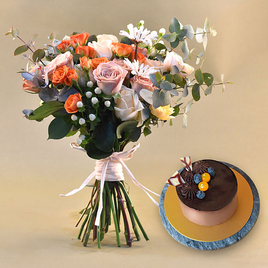 Flamboyant Mixed Flowers Bunch with Chocolate Cake