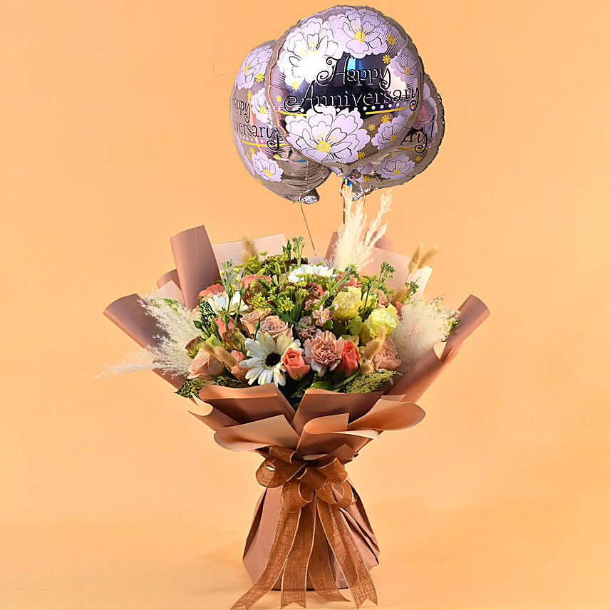 Glamorous Blooms Bouquet with Anniversary Balloon Set