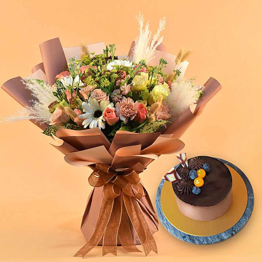 Glamorous Blooms Bouquet with Chocolate Cake
