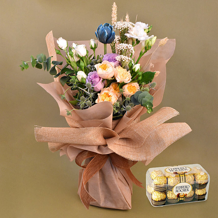 Glorious Mixed Flowers Bouquet with Ferrero Rocher