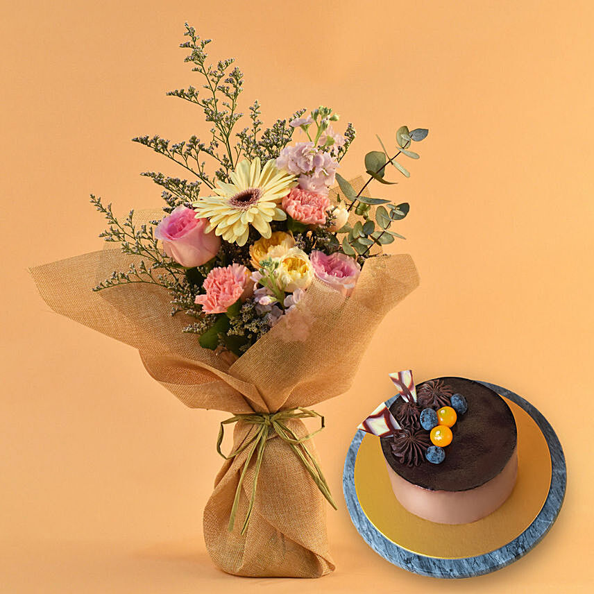 Pleasing Mixed Flowers Bouquet with Chocolate Cake