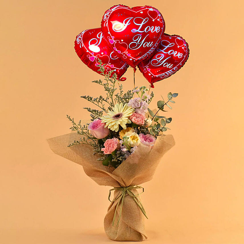 Pleasing Mixed Flowers Bouquet with I Love You Balloon Set