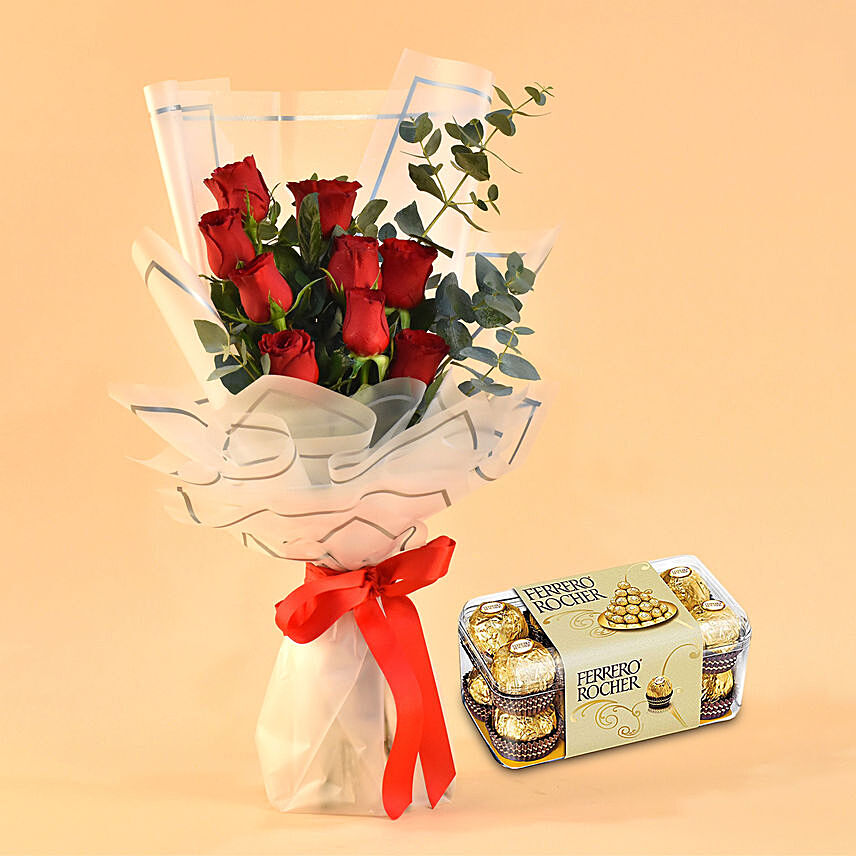 Hot Red Roses Bouquet with Ferrero Rocher