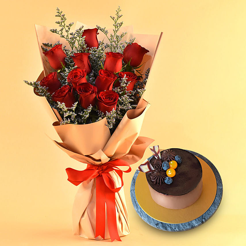 Red Roses & Limonium Beautifully Tied Bouquet with Chocolate Cake