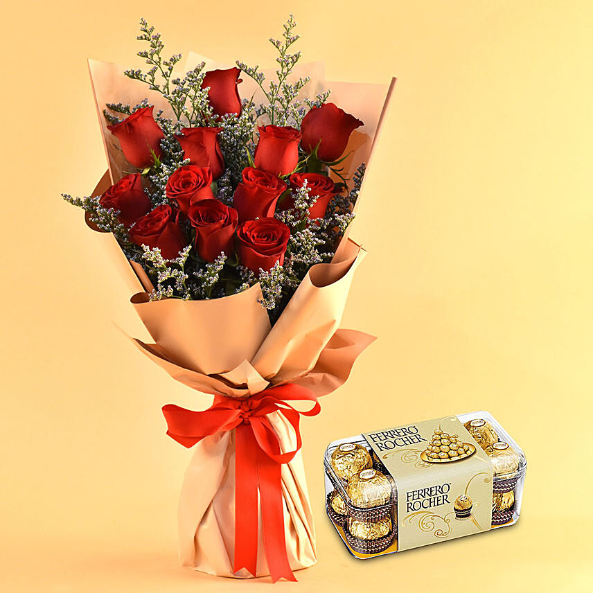 Red Roses & Limonium Beautifully Tied Bouquet with Ferrero Rocher