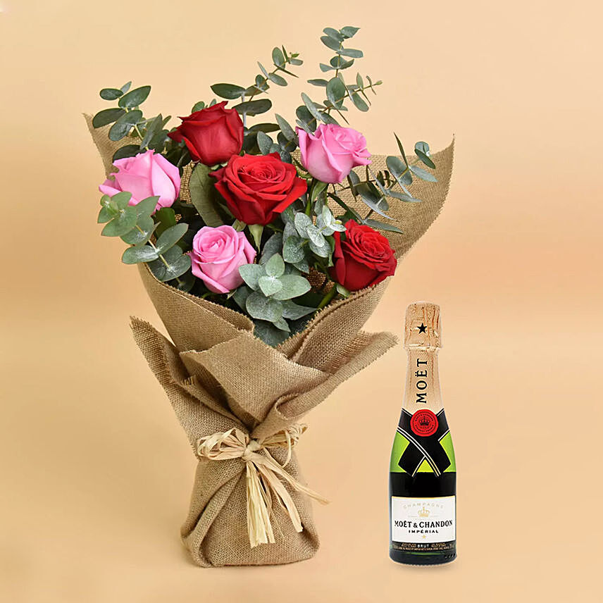 3 Pink 3 Red Roses Love Bouquet With Mini Moet Champagne For Valentines