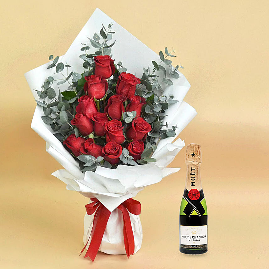 15 Red Roses And Million Smiles With Mini Moet Champagne For Valentines