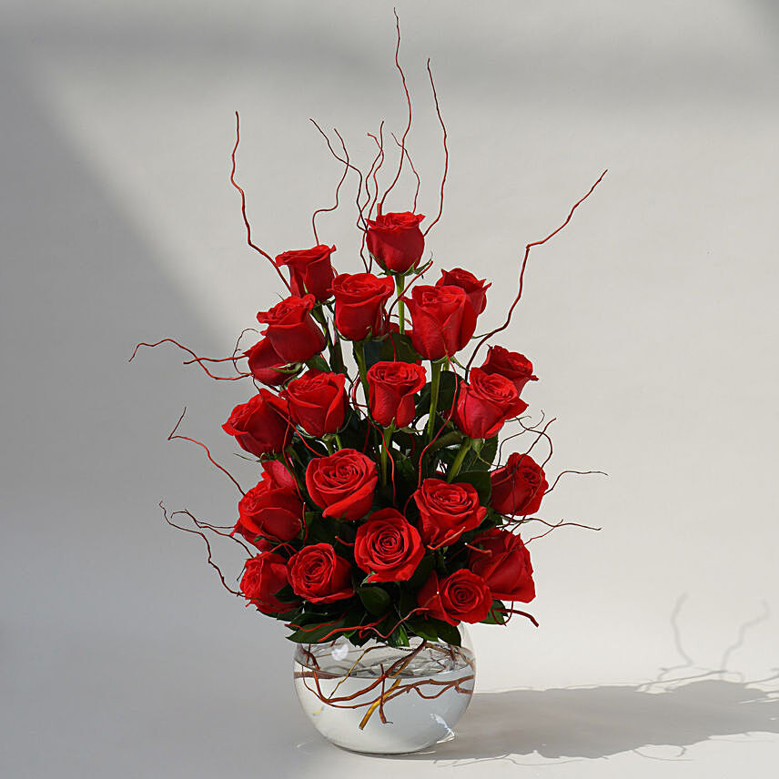 22 Red Roses In A Round Fish Bowl For Valentines
