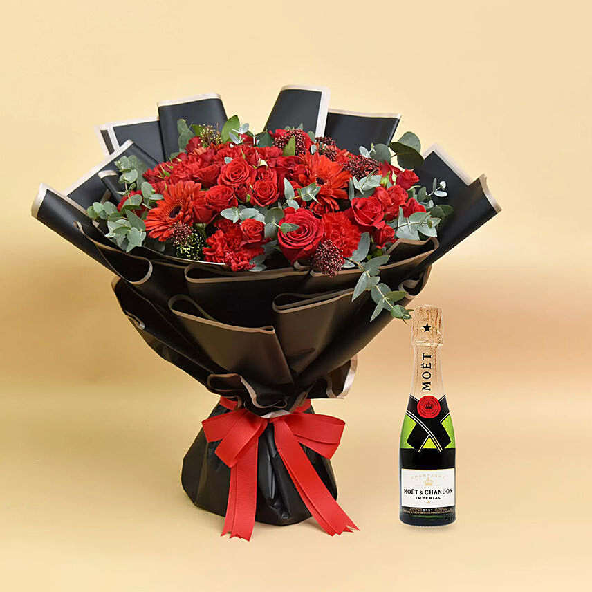 Joyful Red Bouquet With Mini Moet Champagne For Valentines