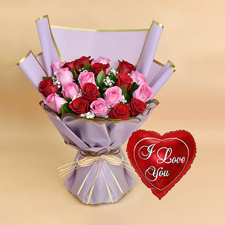 Love Expressions Pink And Red Roses Bouquet With I Love You Balloon For Valentines