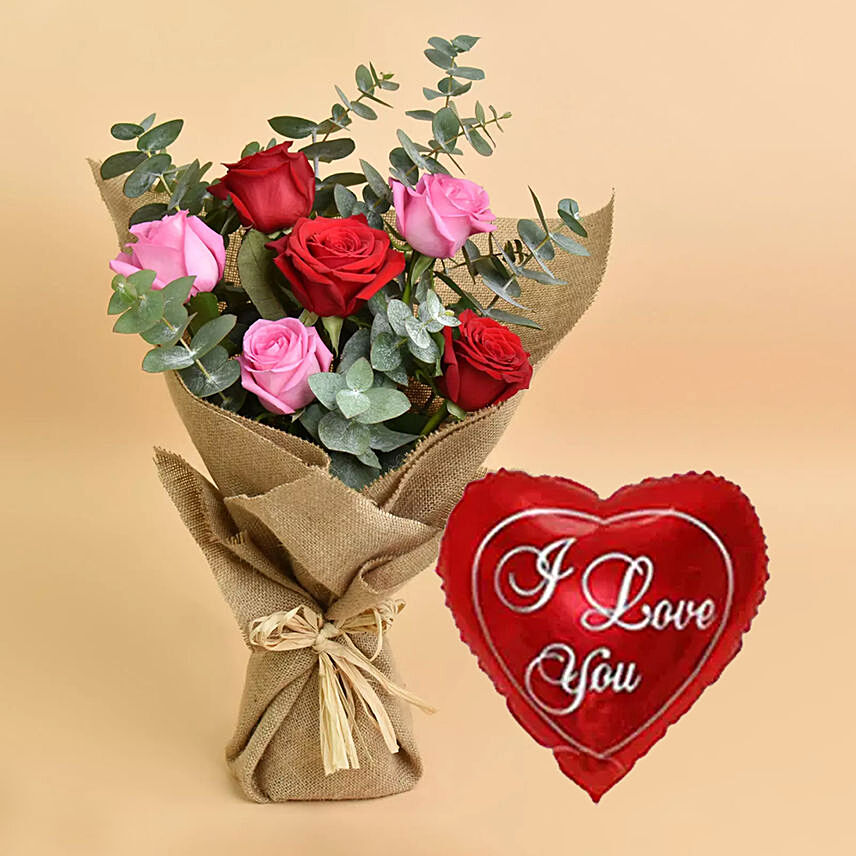 3 Pink 3 Red Roses Love Bouquet With I Love You Balloon For Valentines