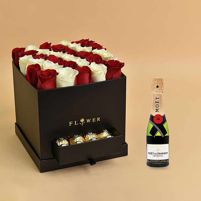 Floral Roses with Chocolates For Valentine And Moet Champagne