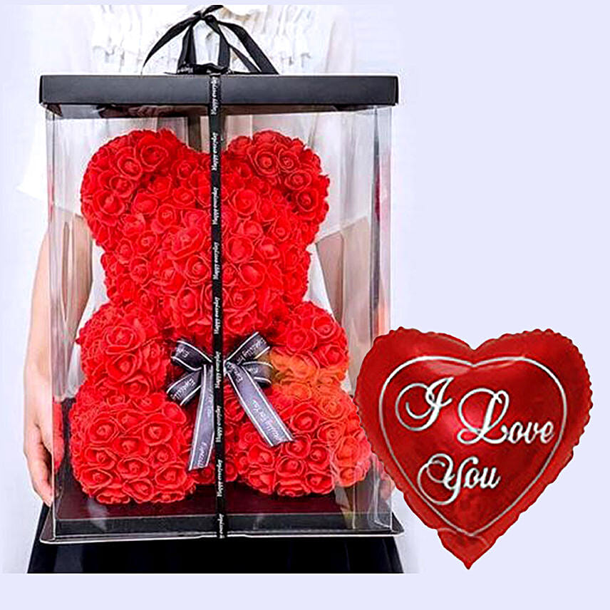Artificial Red Roses Teddy With I Love You Balloon For Love Delivery in ...
