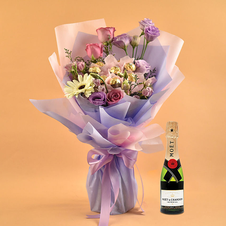 Mixed Flowers & Ferrero Rocher Bouquet With Mini Moet Champagne For Love