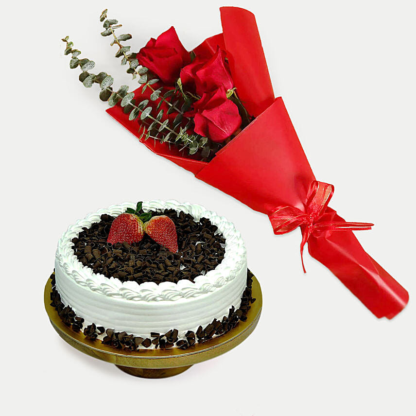 Black Forest Cake With Red Roses Bouquet