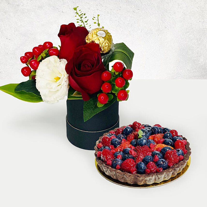 Box Of Roses With Berry Tart Cake Delivery in Singapore - FNP SG