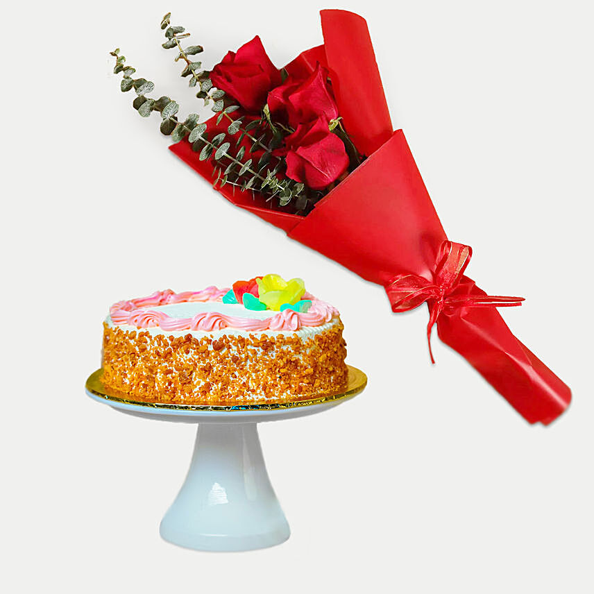 Butter Sponge Cake With 3 Red Roses Bouquet