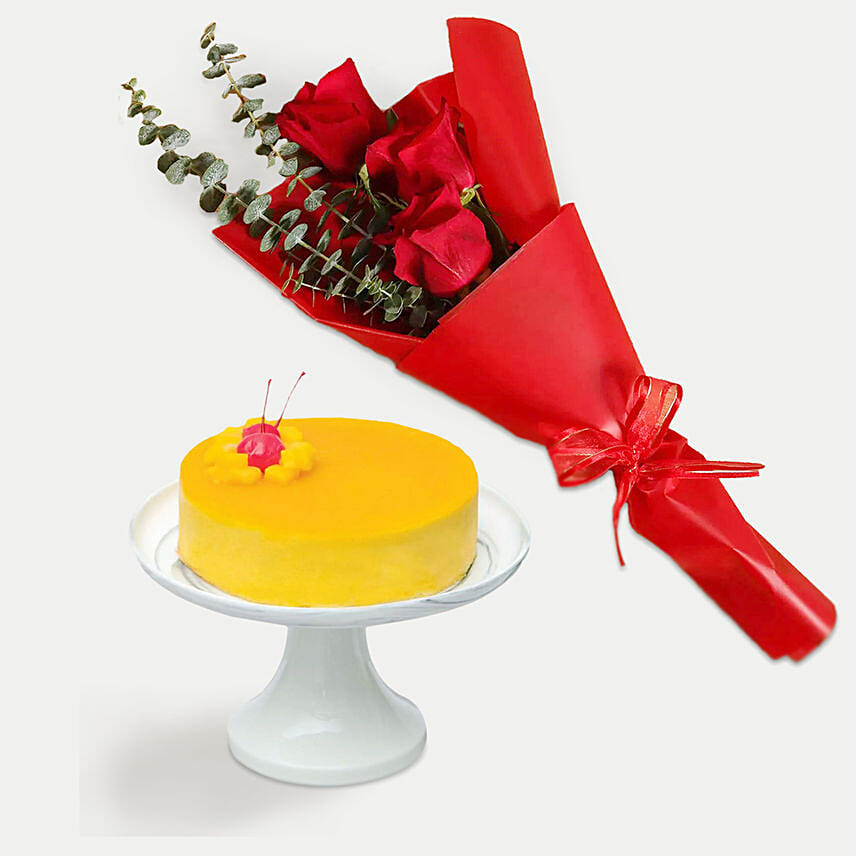 Tangy Mango Mousse Cake With Red Roses Bouquet