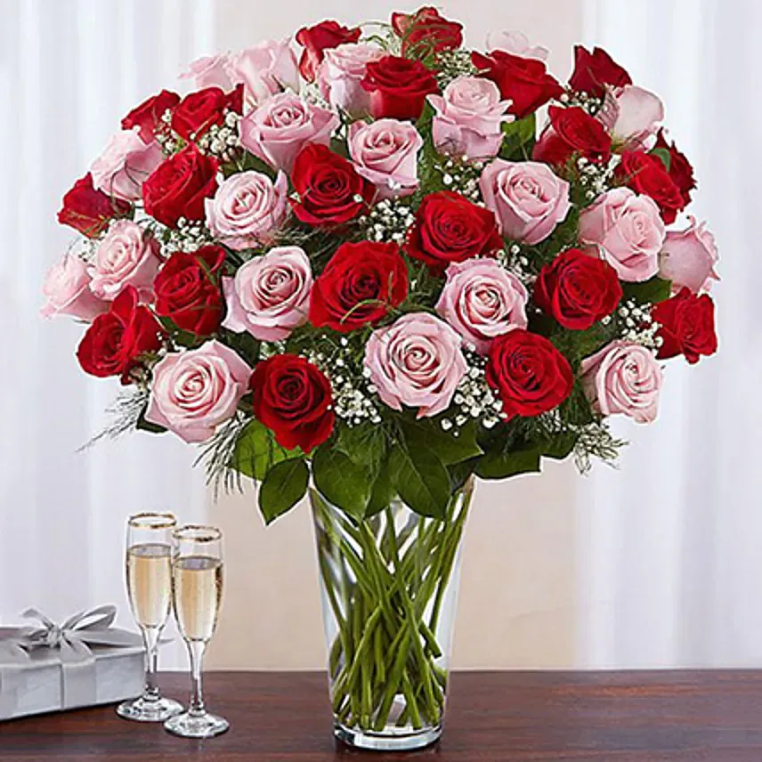 50 Vivid Red and Pink Roses In Vase For 520 VDay