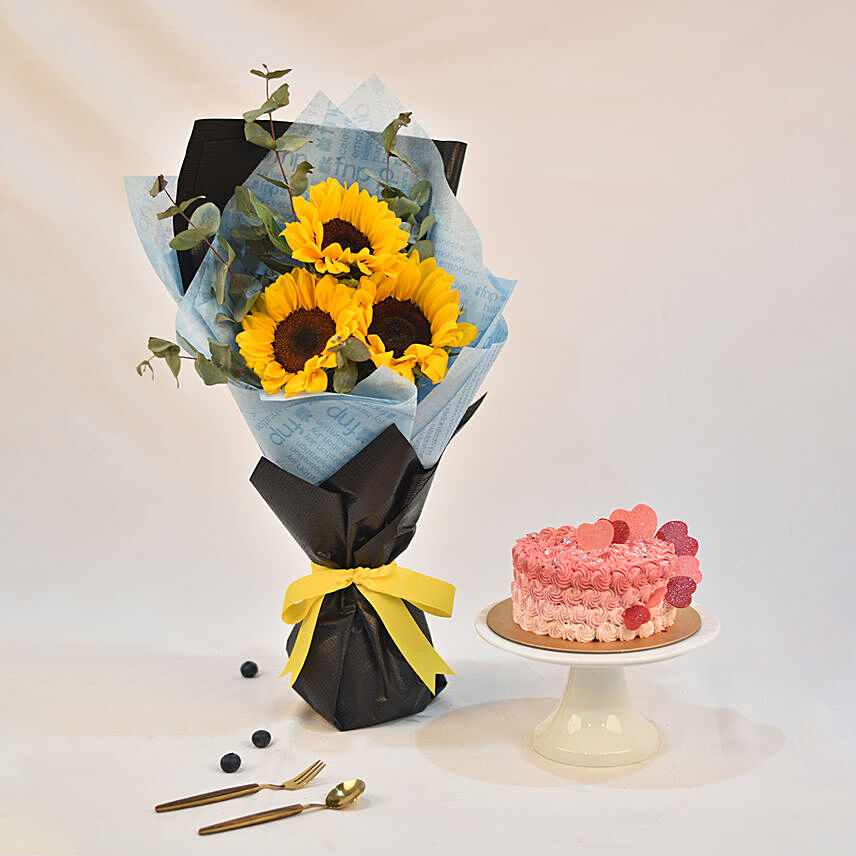 Bright Sunflower Bouquet With Fairy Cake