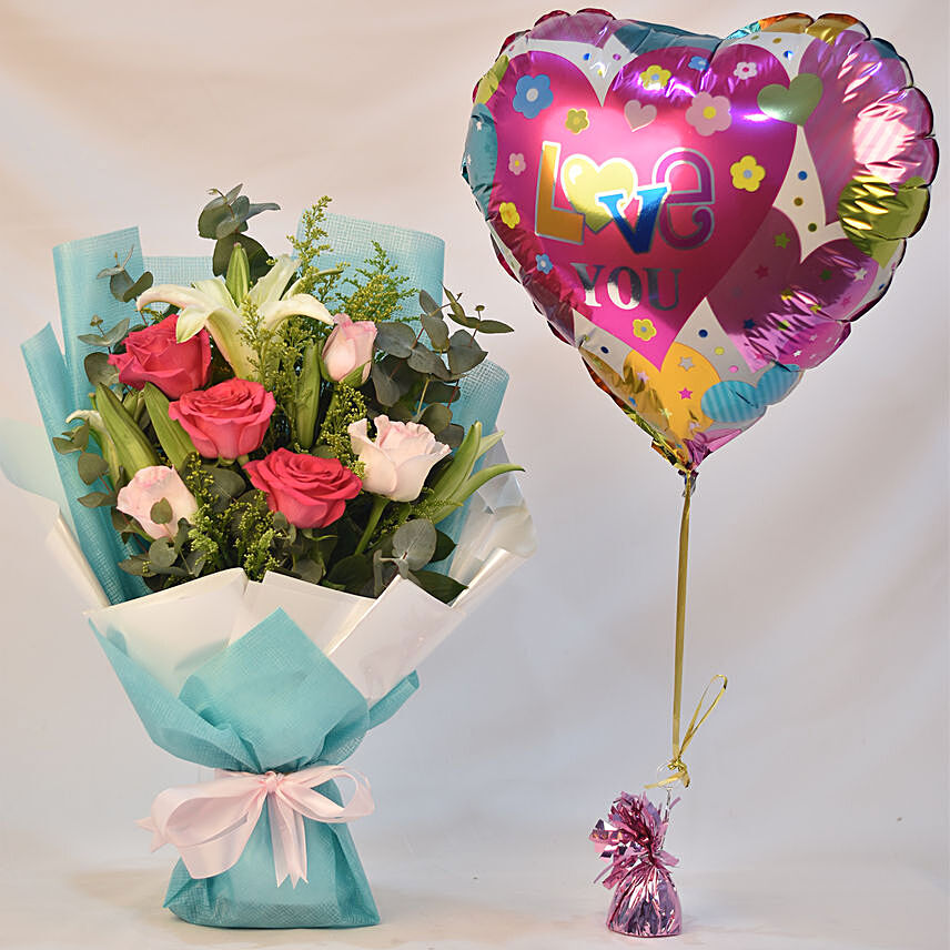 Lovely Rose Bouquet With I Love You Balloon