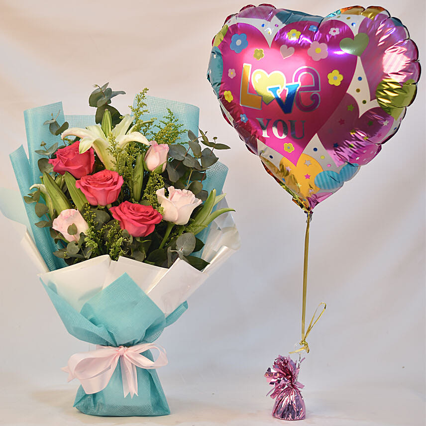 Lovely Rose Bouquet With I Love You Balloon