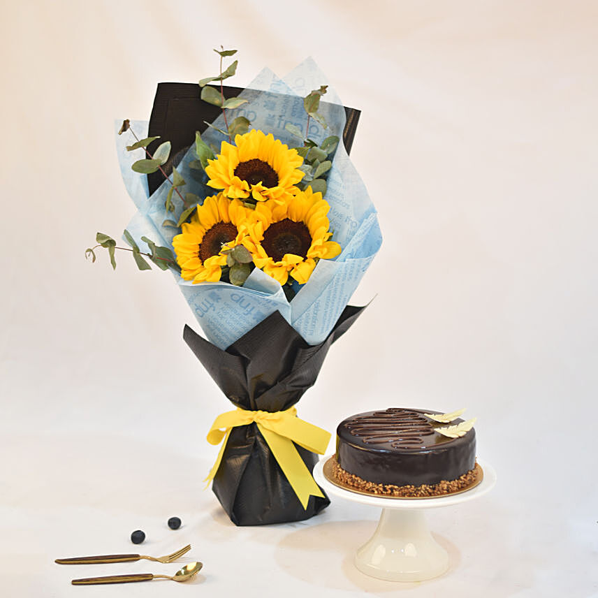 Bright Sunflower Bouquet With Chocolate Cake