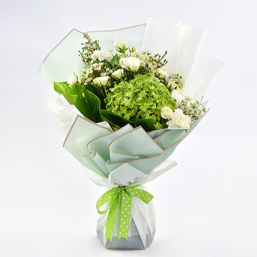 Green Hydrengea Bouquet with White Roses