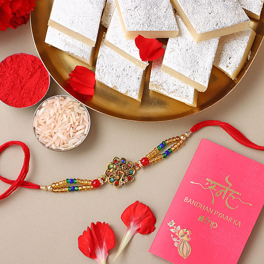 Sneh Designer Peacock Rakhi with Kaju Katli