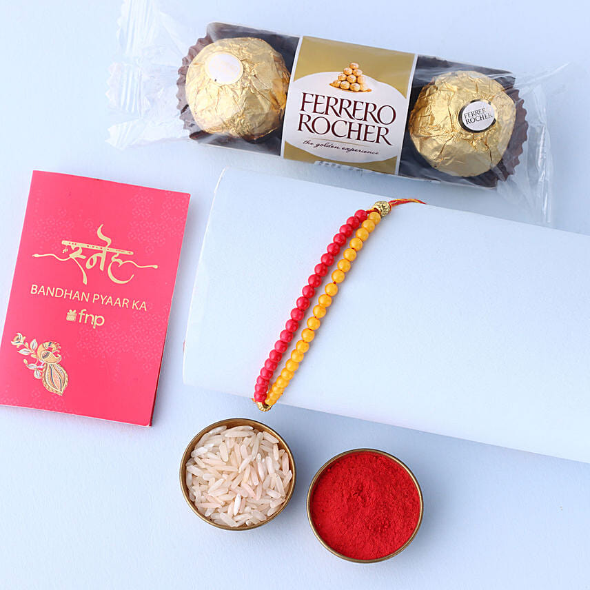 Sneh Red and Yellow Bead Rakhi with Ferrero Rocher