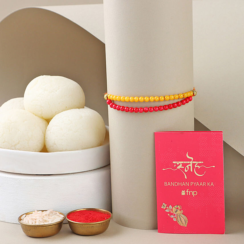 Sneh Red and Yellow Bead Rakhi with Rasgulla