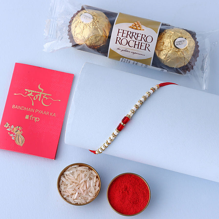 Sneh White and Red Bead Rakhi with Ferrero Rocher