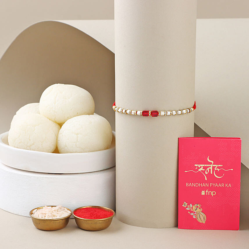 Sneh White and Red Bead Rakhi with Rasgulla