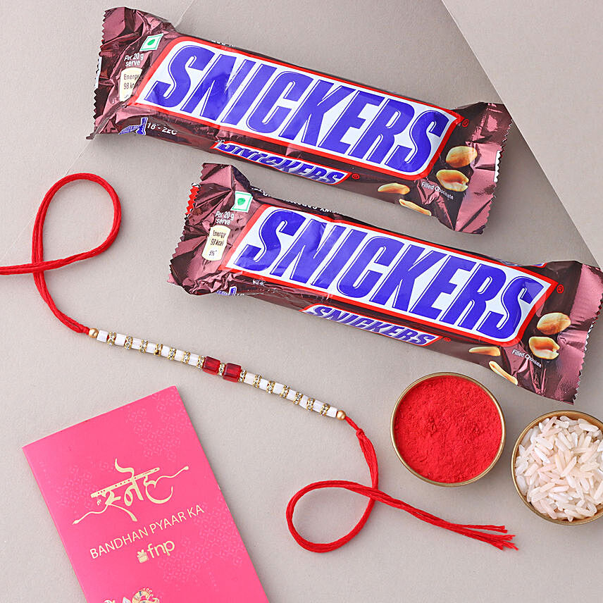 Sneh White and Red Bead Rakhi with Snickers Chocolate