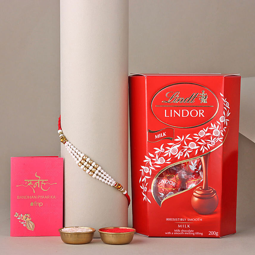 Sneh White Pearl Bead Rakhi and Lindt Lindor Chocolate Box